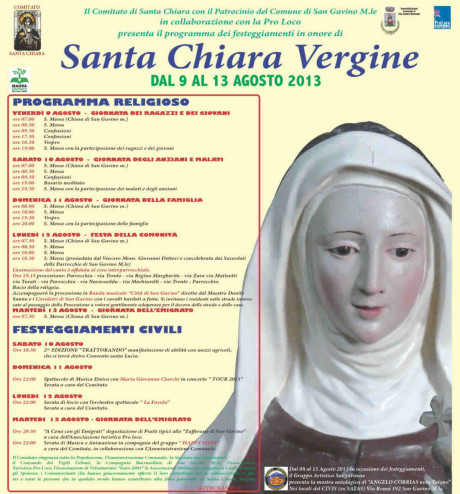 Il programma della festa di Santa Chiara 2013