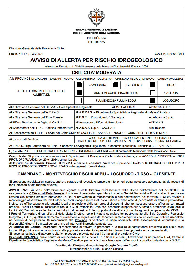 Avviso di allerta per rischio idrogeologico - criticità moderata - per domani 30 gennaio.