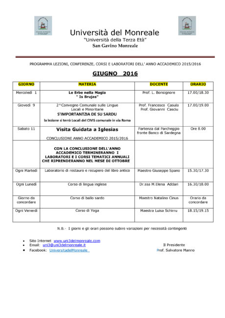 Università del Monreale: lezioni nel mese di Maggio 2016