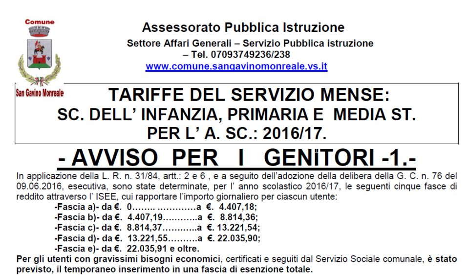Servizio Mense Scolastiche, anno 2016/17