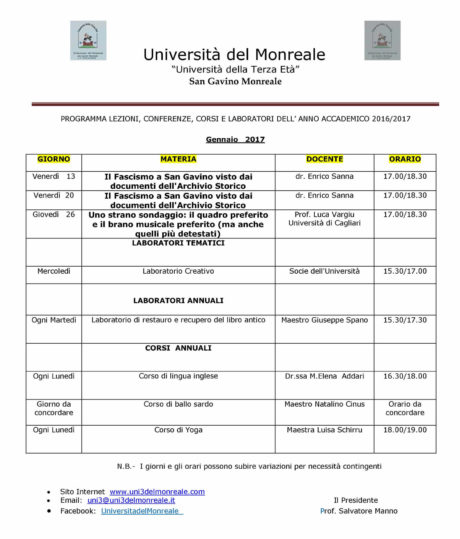Università del Monreale: lezioni nel mese di Gennaio 2017